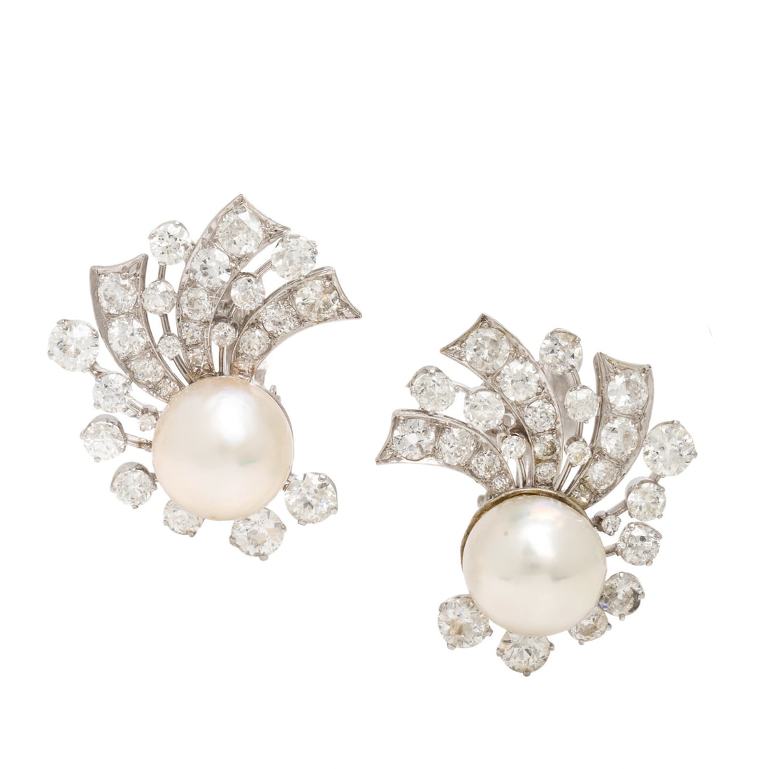 Cultured Pearl, Diamond, and Platinum Earrings: Cultured Pearl, Diamond, and Platinum Earrings Set with cultured pearls measuring approximately 13.00 mm, surrounded by a spray of old European and single cut diamonds weighing approximately 8.65 cara