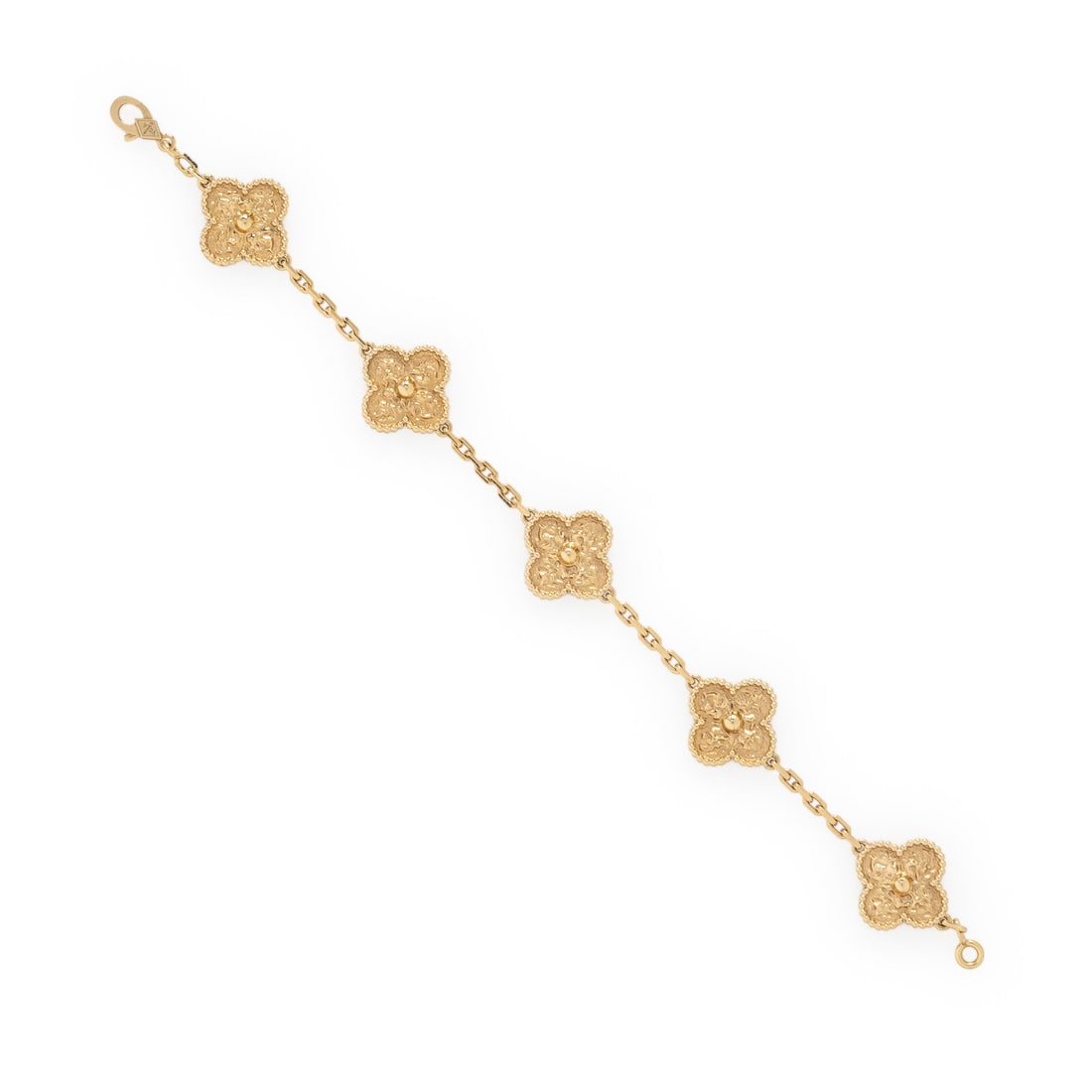 Van Cleef & Arpels, Yellow Gold 'Vintage Alhambra' Bracelet: Van Cleef & Arpels, Yellow Gold 'Vintage Alhambra' Bracelet With five quatrefoil stations measuring approximately 15 mm. 18 karat yellow gold. 6 7/8 inches long. Stamp: (VCA maker's mark) (French hall