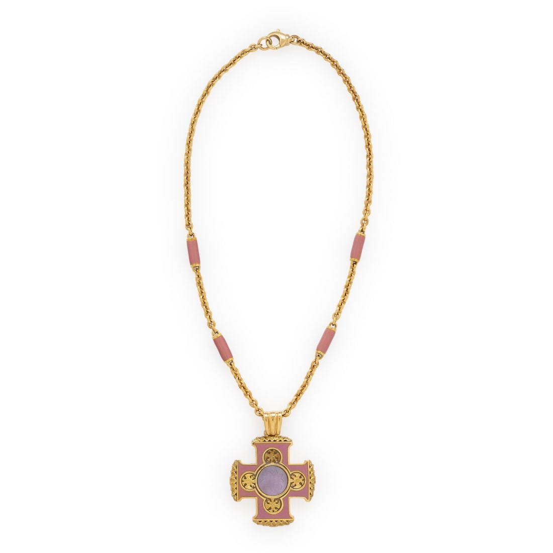 Yellow Gold and Pink Enamel Cross Pendant Necklace: Yellow Gold and Pink Enamel Cross Pendant Necklace Designed as a stylized cross with pink enamel centered by a round rose quartz cameo depicting a lotus flower, with acanthus and openwork double-heade