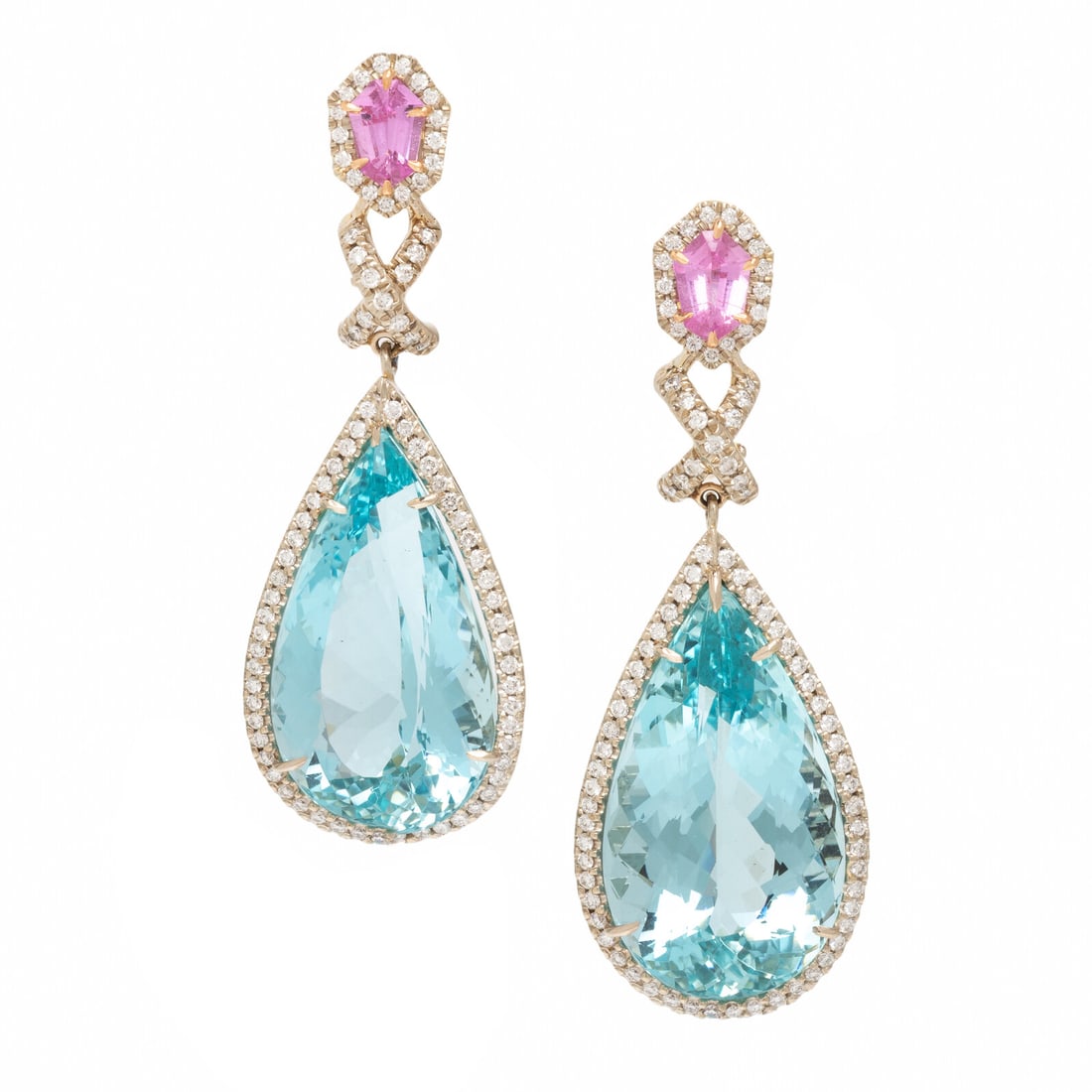 Lois Sasson, Aquamarine, Pink Sapphire, and Diamond Earrings: Lois Sasson, Aquamarine, Pink Sapphire, and Diamond Earrings Featuring drops of checkerboard faceted pear shape aquamarine weighing approximately 26.00 carats total by formula, suspended from kite sha