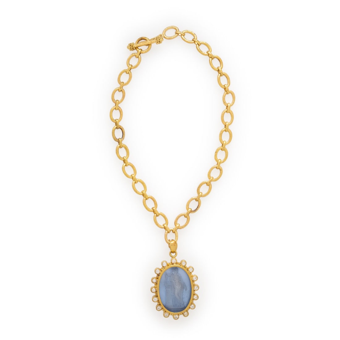 Elizabeth Locke, Venetian Glass 'Erato' Intaglio, Moonstone, and Yellow Gold Pendant Brooch and: Elizabeth Locke, Venetian Glass 'Erato' Intaglio, Moonstone, and Yellow Gold Pendant Brooch and Chain Necklace The pendant featuring a blue oval Venetian glass intaglio backed in mother-of-pearl measu