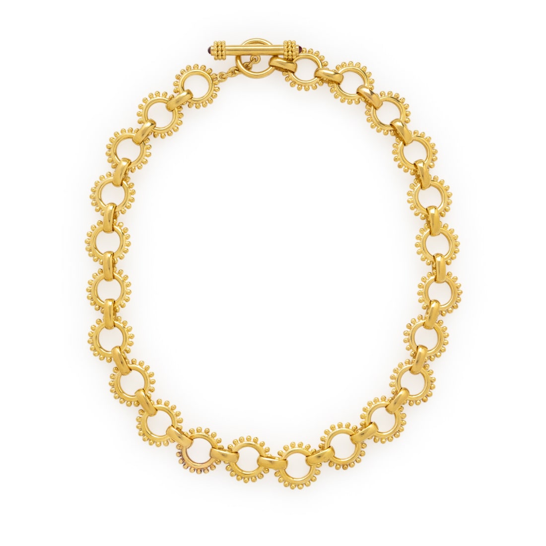 Elizabeth Locke, Yellow Gold and Ruby Chain Necklace: Elizabeth Locke, Yellow Gold and Ruby Chain Necklace Designed with circular beaded edge links, the toggle clasp set with round cabochon rubies. Mounted in 18 karat yellow gold. 17 5/8 inches long. Sta