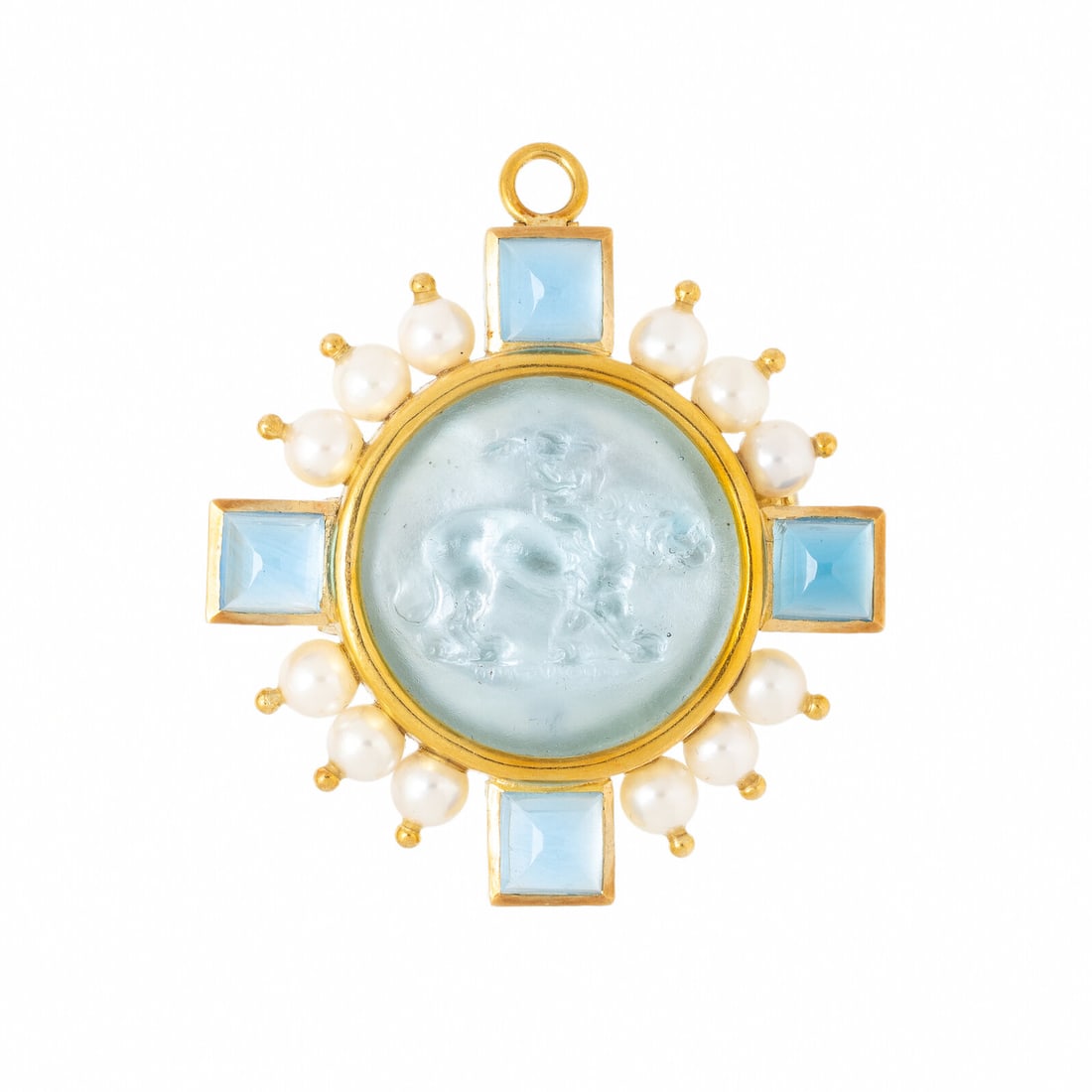 Elizabeth Locke, Yellow Gold and Multigem Lion Pendant Brooch: Elizabeth Locke, Yellow Gold and Multigem Lion Pendant Brooch Featuring a blue Venetian glass cameo atop mother-of-pearl depicting a cherub riding a lion, accented by square cabochon aquamarine and cu