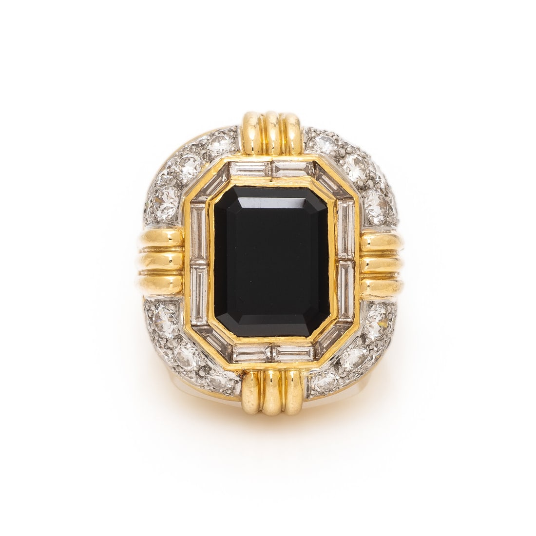 Turi, Onyx, Diamond, and Yellow Gold Ring: Turi, Onyx, Diamond, and Yellow Gold Ring Featuring an emerald cut onyx measuring approximately 11.90 x 9.10 x 5.05 mm, and baguette and round brilliant cut diamonds weighing approximately 4.95 carats