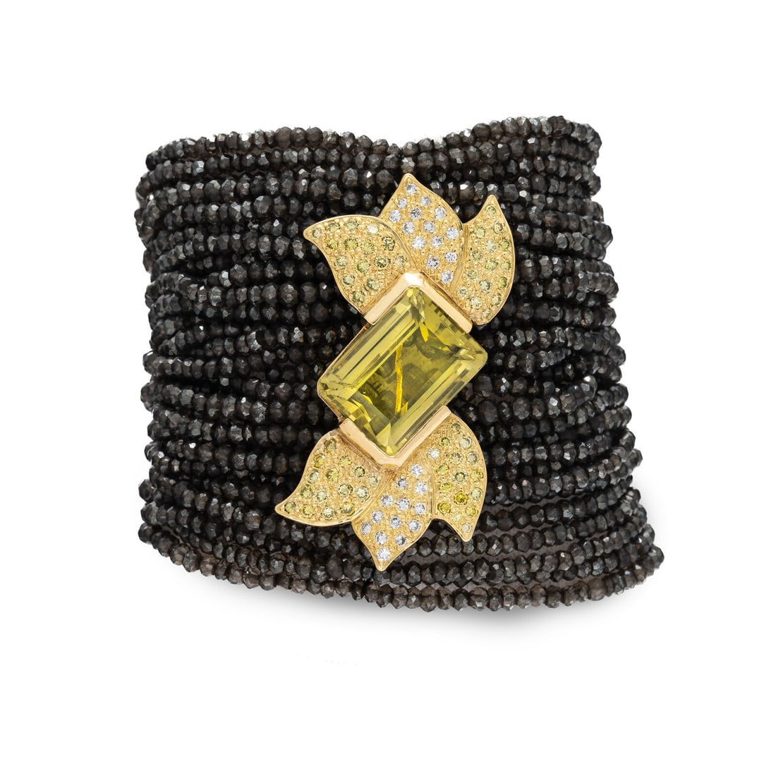 Sazingg, Yellow Gold, Lime Quartz, Diamond, Colored Diamond, and Topaz Beaded Bracelet: Sazingg, Yellow Gold, Lime Quartz, Diamond, Colored Diamond, and Topaz Beaded Bracelet Featuring numerous strands of faceted topaz beads, the central element set with an emerald cut lime quartz weighi