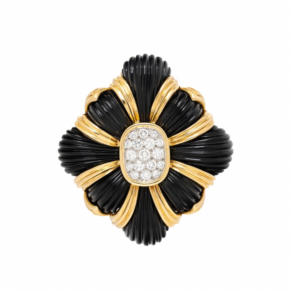 Onyx, Yellow Gold, and Diamond Pendant Brooch: Onyx, Yellow Gold, and Diamond Pendant Brooch Featuring carved onyx and fluted gold, with round brilliant cut diamonds at the center weighing approximately 0.95 carat total, to be worn as a brooch or 