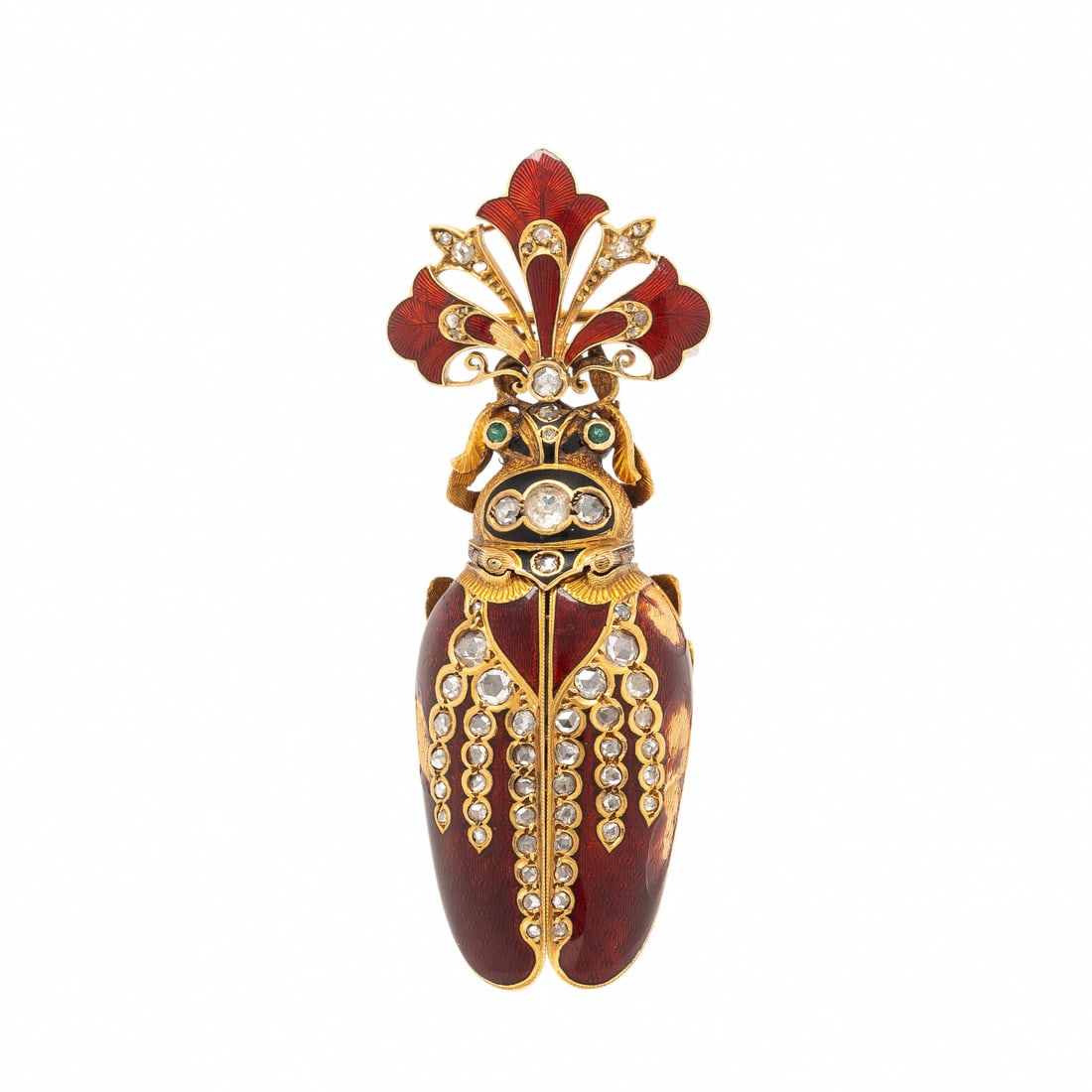 Enamel and Diamond Beetle Lapel Watch: Enamel and Diamond Beetle Lapel Watch Manual wind watch designed as a beetle, set with black and guilloché red enamel, round emeralds, and rose cut diamonds, the wings opening to display a hidden