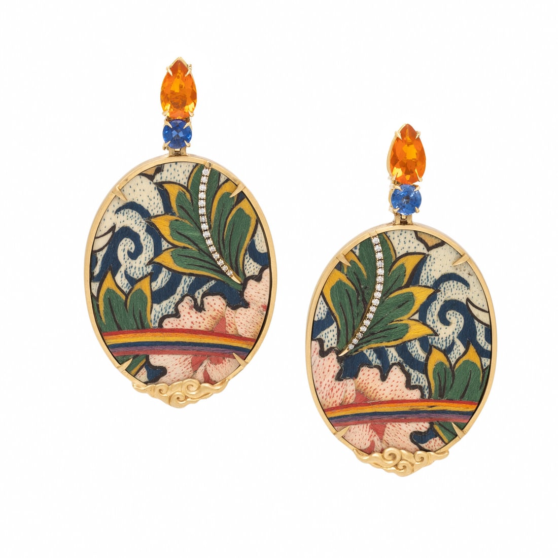 Silvia Furmanovich, Hand-Painted Miniature, Diamond, Topaz, and Sapphire 'Tibetan' Earrings: Silvia Furmanovich, Hand-Painted Miniature, Diamond, Topaz, and Sapphire 'Tibetan' Earrings Featuring hand-worked miniature paintings depicting the foliate and a rainbow rendered on wood, set with rou