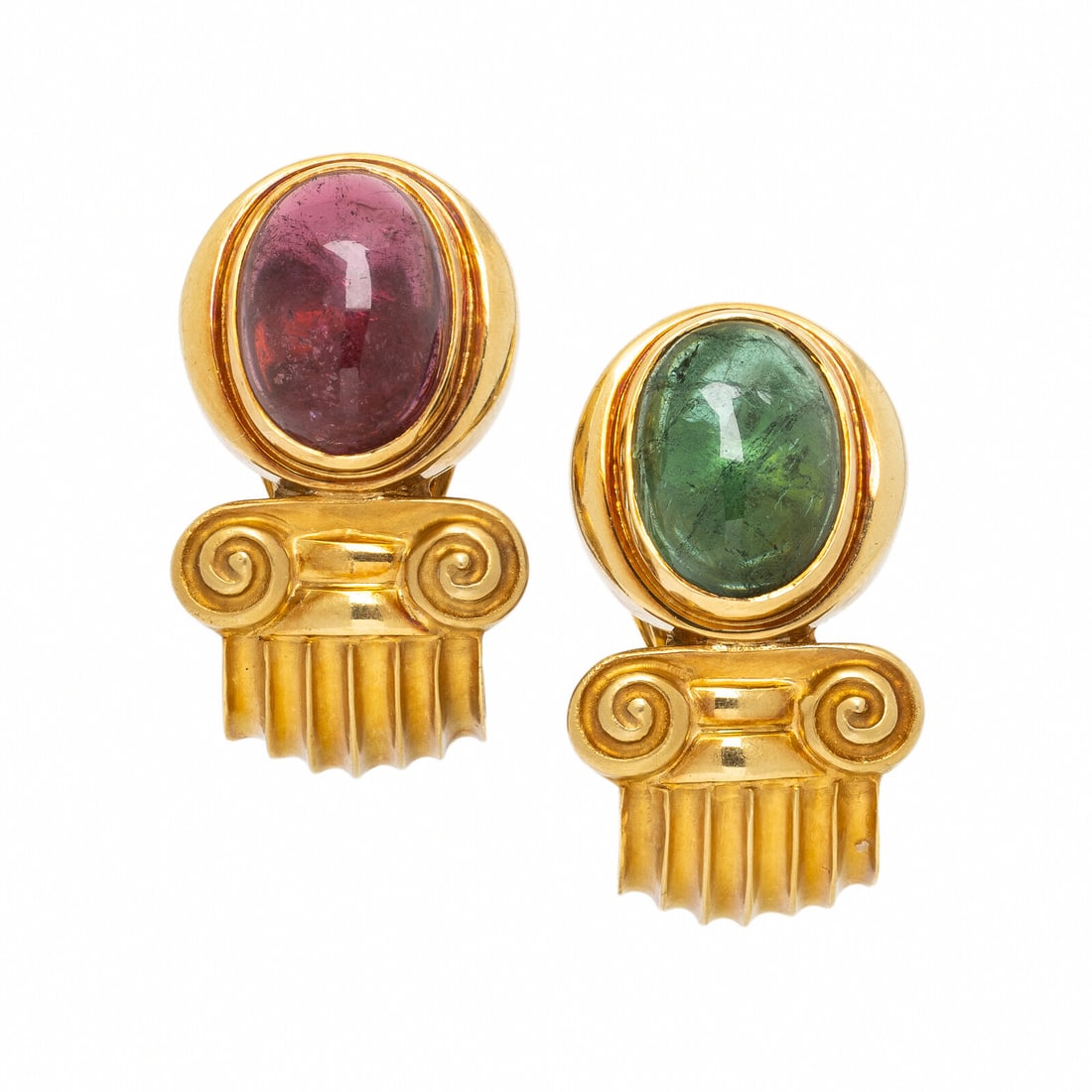 Tourmaline and Yellow Gold Earrings: Tourmaline and Yellow Gold Earrings Designed as ionic columns surmounted by oval cabochon tourmalines, the pink weighing approximately 10.85 carats by formula and the green weighing approximately 9.90