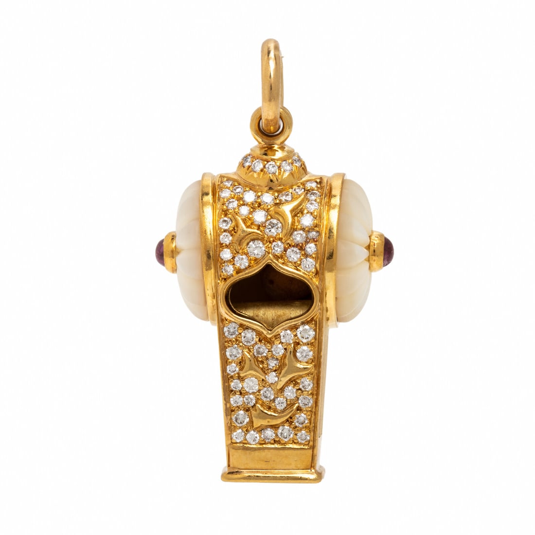 Harry Winston, Diamond, Mother-of-Pearl, Ruby and Yellow Gold Whistle Pendant: Harry Winston, Diamond, Mother-of-Pearl, Ruby and Yellow Gold Whistle Pendant The whistle set with clusters of round brilliant cut diamonds weighing approximately 1.00 carat total, the sides featuring
