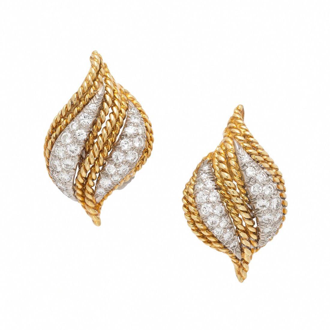 Yellow Gold and Diamond Earrings: Yellow Gold and Diamond Earrings Featuring round brilliant cut diamonds weighing approximately 2.05 carats total. Mounted in white and yellow gold. 1 1/4 inches long. Stamp: (partially obscured) K. Gr