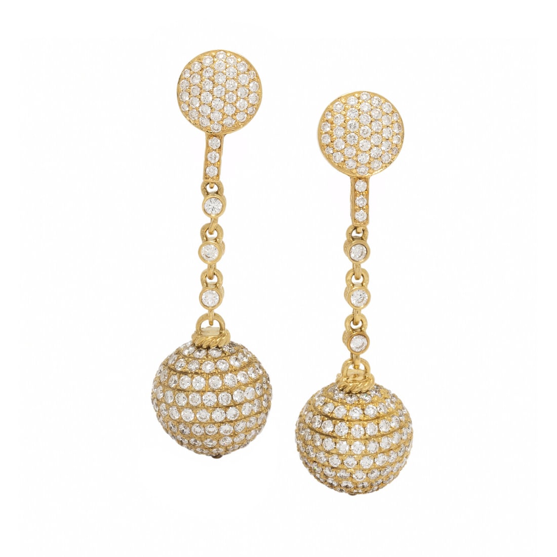 Yellow Gold and Diamond Earrings: Yellow Gold and Diamond Earrings Set throughout with pavé and bezel-set round brilliant cut diamonds weighing approximately 4.80 carats total. Mounted in 18 karat yellow gold. 1 7/8 inches long. 