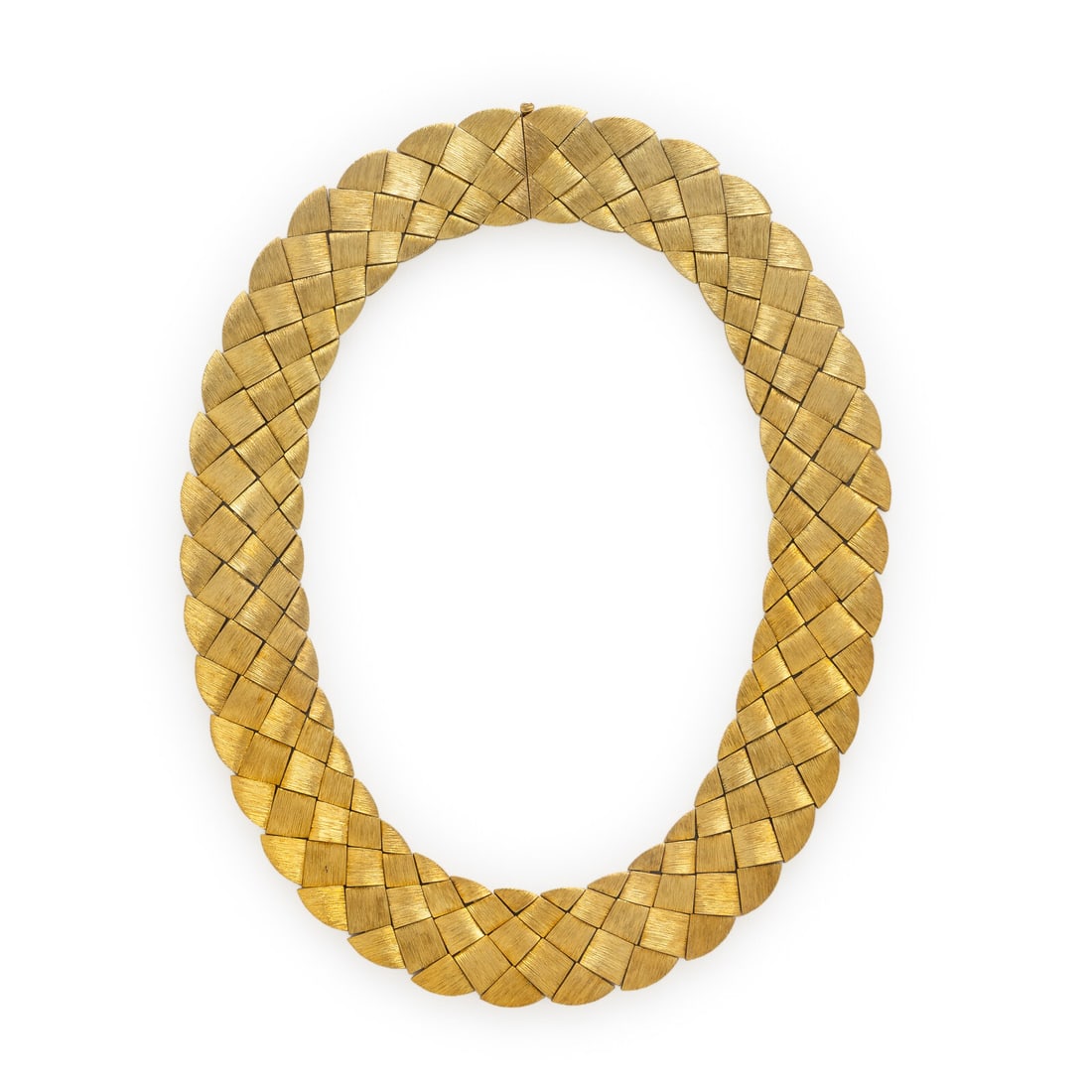 Henry Dunay, 'Sabi' Yellow Gold Woven Collar Necklace: Henry Dunay, 'Sabi' Yellow Gold Woven Collar Necklace Of a 'Sabi' textured finish, designed as basket-weave motif links. 18 karat yellow gold. 16 inches long. Stamp: Dunay 18K 750 B2680 Gross weight: 