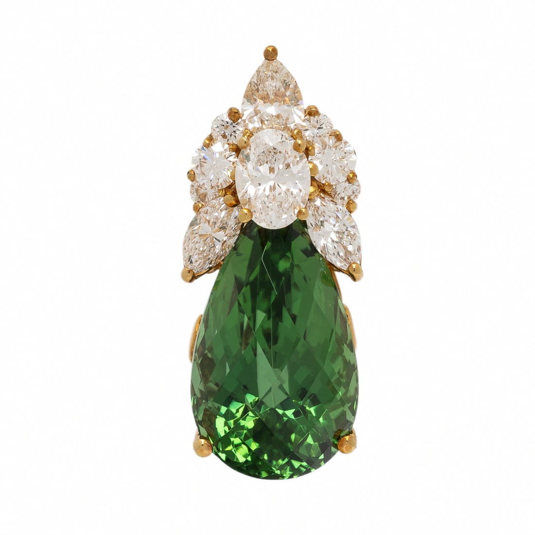 Henry Dunay, Green Tourmaline, Diamond, and Yellow Gold Pendant: Henry Dunay, Green Tourmaline, Diamond, and Yellow Gold Pendant Featuring a pear shape checkerboard faceted green tourmaline measuring approximately 20.55 x 12.10 x 10.85 mm, and oval, pear shape, rou