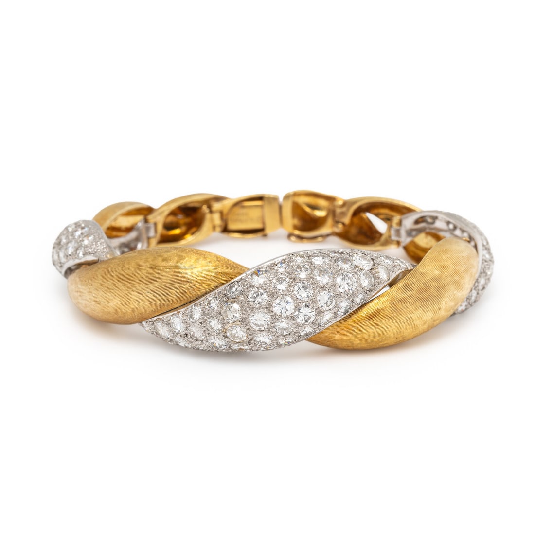Erwin Pearl, Bicolor Gold and Diamond Twisted Link Bracelet: Erwin Pearl, Bicolor Gold and Diamond Twisted Link Bracelet With flexible, hinged construction, of curved links alternately set with round brilliant cut diamonds weighing approximately 9.00 carats tot