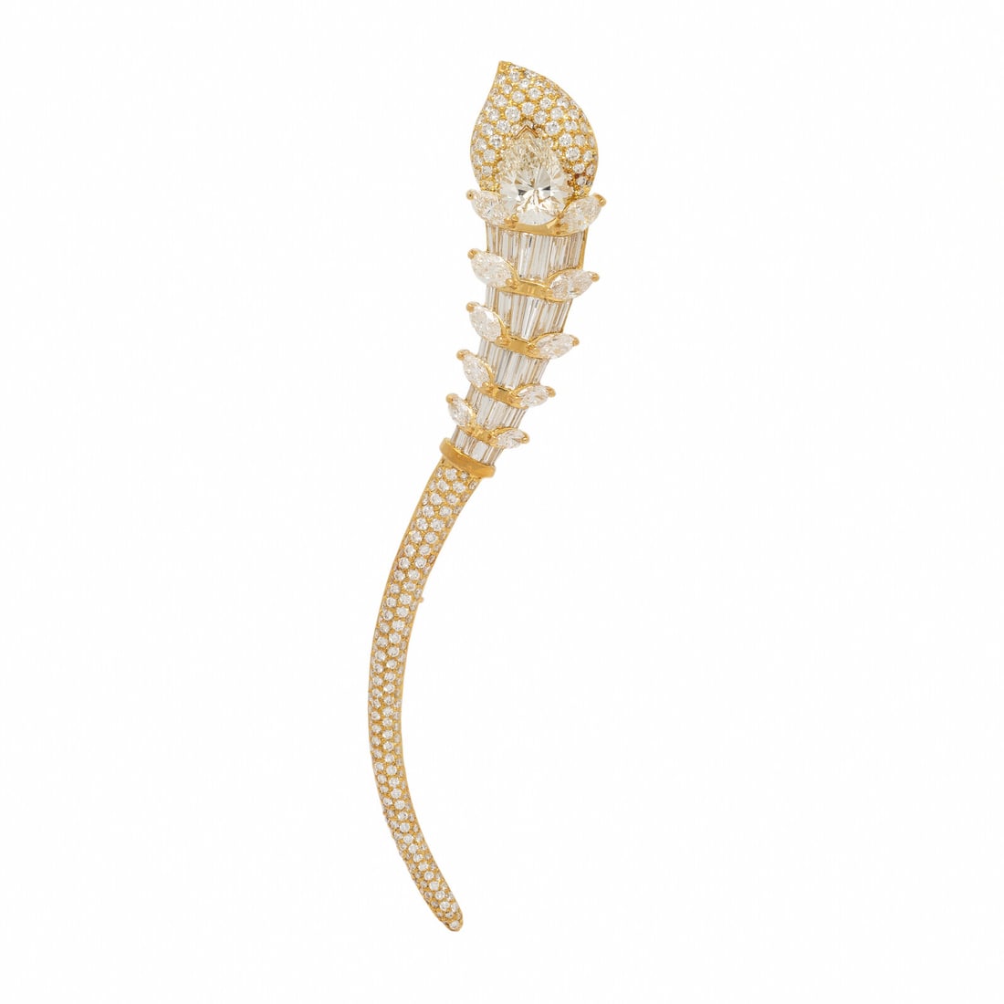 Diamond and Yellow Gold Brooch: Diamond and Yellow Gold Brooch Featuring a pear shape diamond weighing 2.50 carats, and round brilliant, tapered baguette, baguette, and marquise cut diamonds weighing approximately 8.00 - 10.00 carat