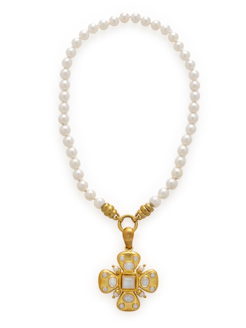 Elizabeth Locke, Cultured Pearl, Moonstone, and Yellow Gold Maltese Cross Pendant Necklace: Elizabeth Locke, Cultured Pearl, Moonstone, and Yellow Gold Maltese Cross Pendant Necklace Featuring a pendant designed as a Maltese cross set with square, round, and oval mother-of-pearl-backed moons