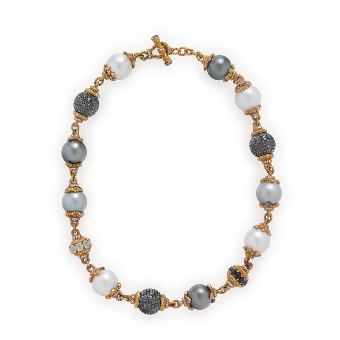 Cultured Pearl, Black Diamond, and Diamond Necklace: Cultured Pearl, Black Diamond, and Diamond Necklace Featuring cultured white and gray pearls (origin of color not tested) measuring approximately 14.50 - 15.15 mm, and beads set with round brilliant c