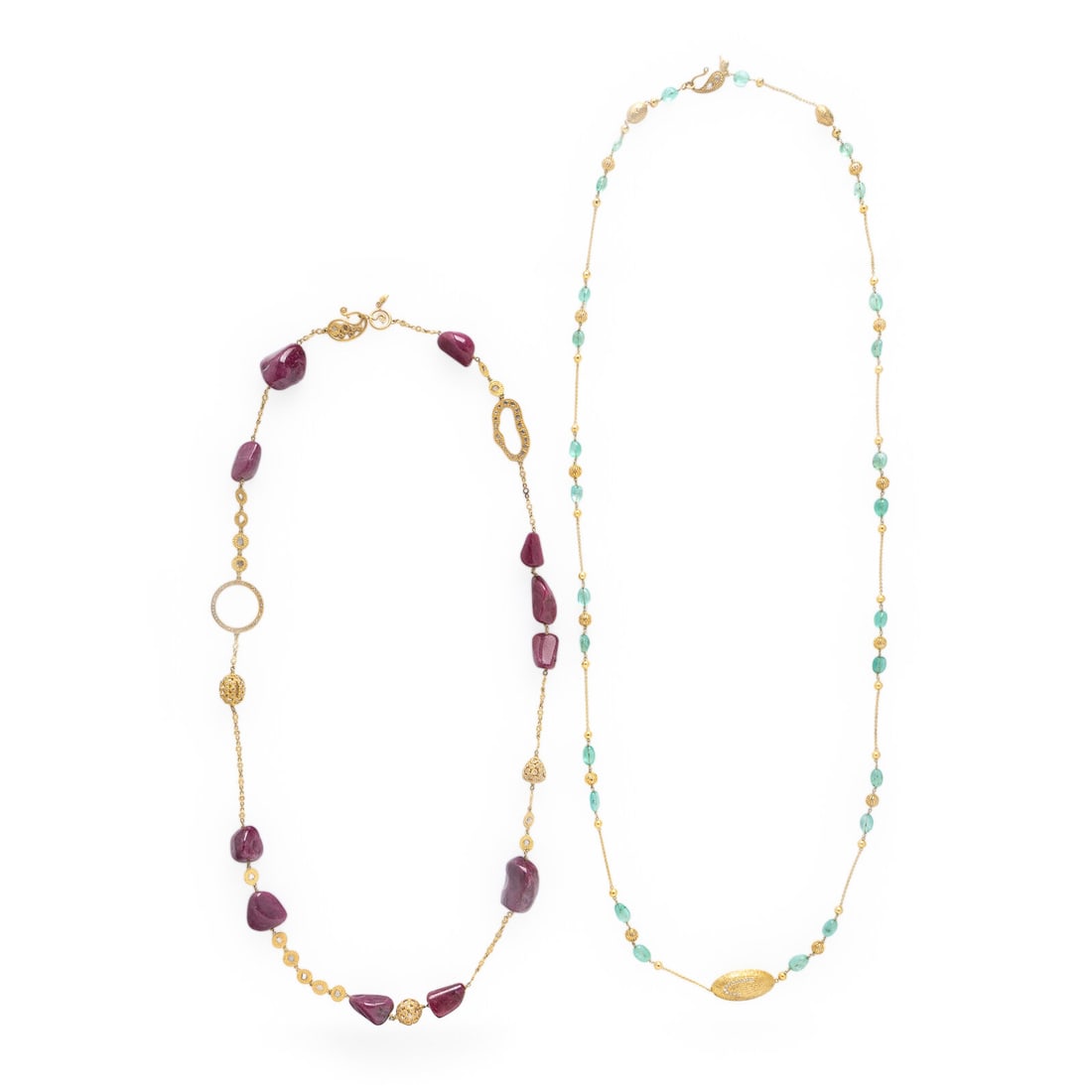 Coomi, Two High Karat Yellow Gold, Multigem, and Diamond Bead Necklaces: Coomi, Two High Karat Yellow Gold, Multigem, and Diamond Bead Necklaces One designed with tumbled ruby beads and decorative links set with diamond slices and rose cut diamonds, and one designed with o