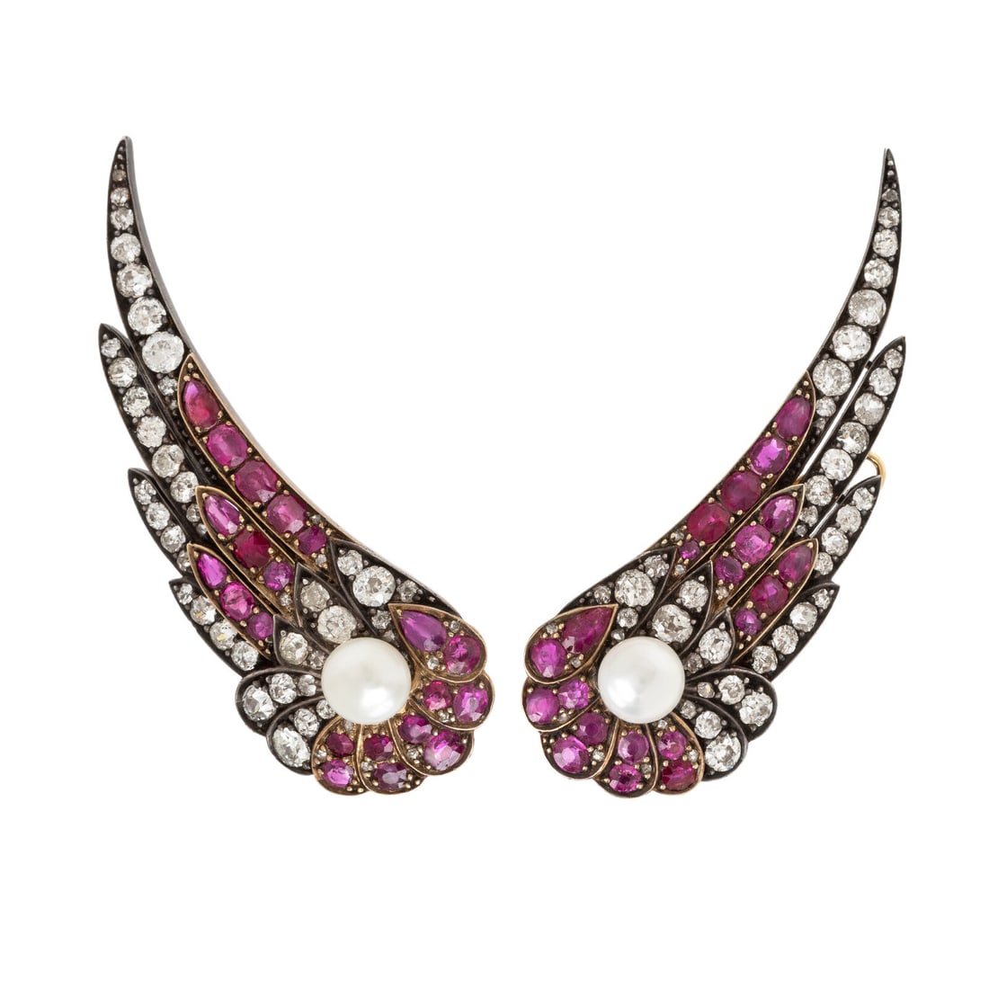 Burmese Ruby, Diamond, and Silver-Topped Gold Wing Earrings (1 of 3)