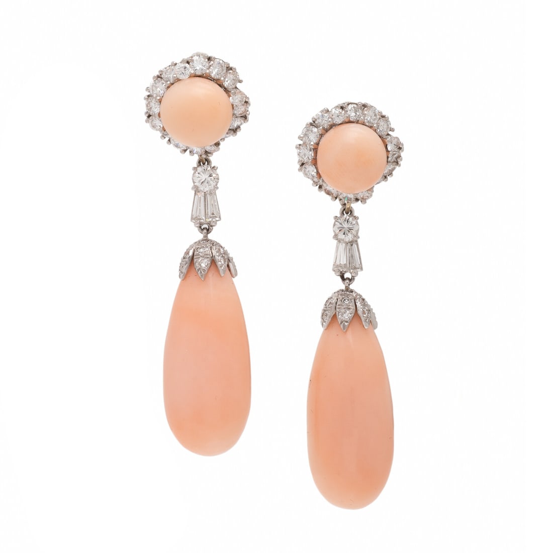 Coral, Diamond, and Platinum Convertible Earrings: Coral, Diamond, and Platinum Convertible Earrings In a day-to-night design with detachable drops, set with carved coral, and round brilliant and tapered baguette cut diamonds weighing approximately 2.