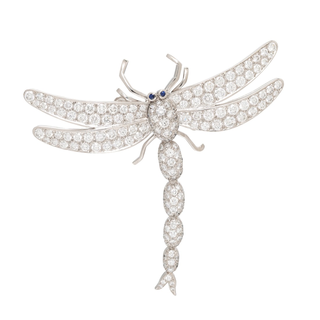 Tiffany & Co., Diamond and Platinum Dragonfly Necklace Enhancer: Tiffany & Co., Diamond and Platinum Dragonfly Necklace Enhancer Designed as a dragonfly, set with round brilliant cut diamonds weighing approximately 5.85 carats total, and round sapphire eyes. Mounte