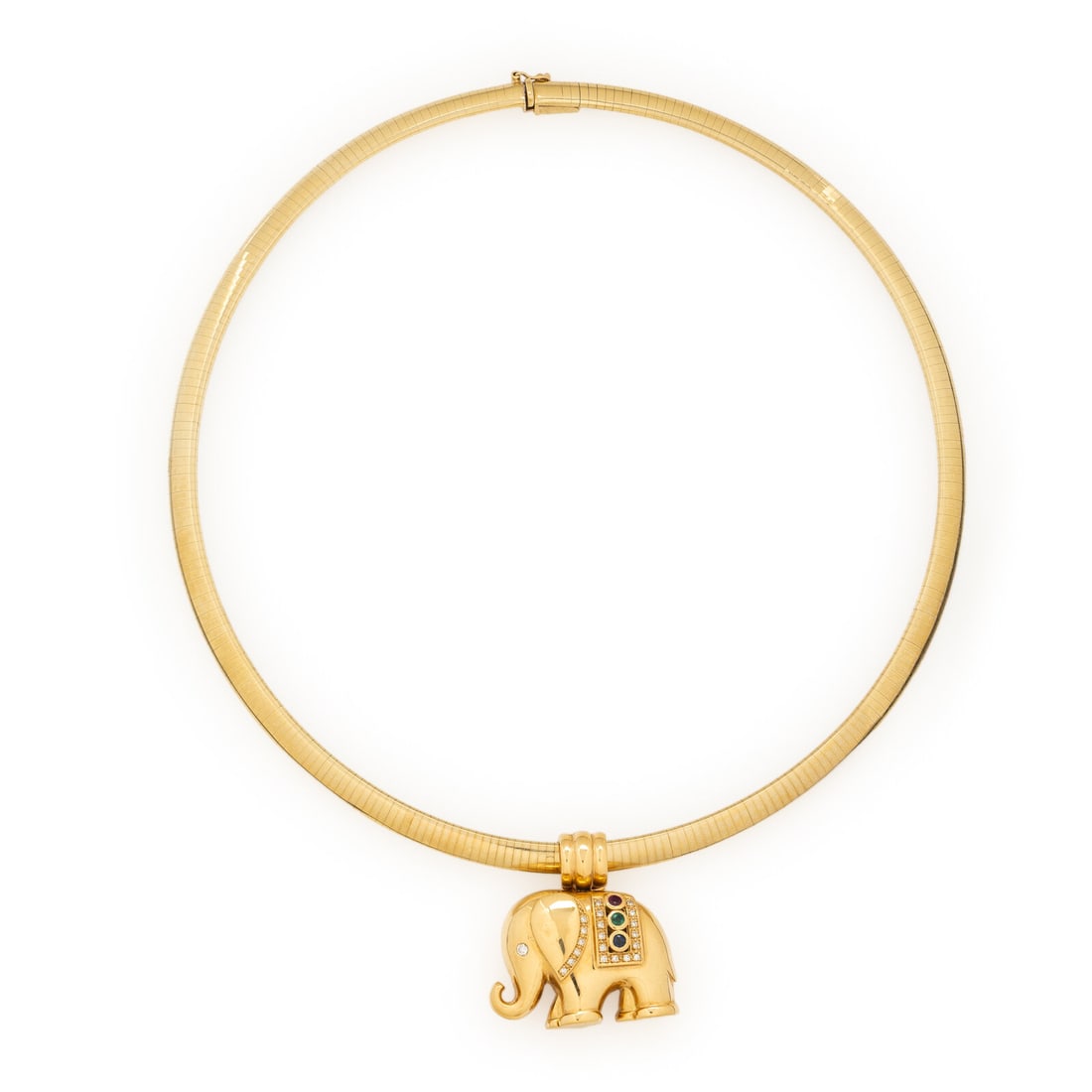 Yellow Gold and Multigem Elephant Pendant with Omega Chain: Yellow Gold and Multigem Elephant Pendant with Omega Chain The pendant designed as an elephant, set with a round emerald, ruby, and sapphire, and round brilliant cut diamonds weighing approximately 0.