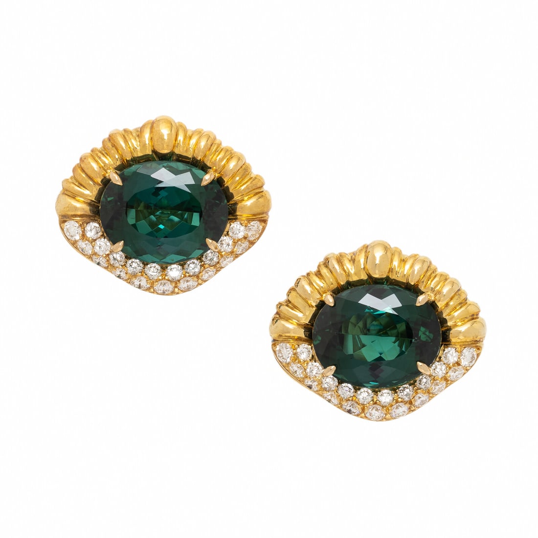 Lois Sasson, Yellow Gold, Green Tourmaline, and Diamond Earrings: Lois Sasson, Yellow Gold, Green Tourmaline, and Diamond Earrings In a lozenge shape, each set with an oval green tourmaline weighing approximately 15.00 carats total by formula, with bordered with sca