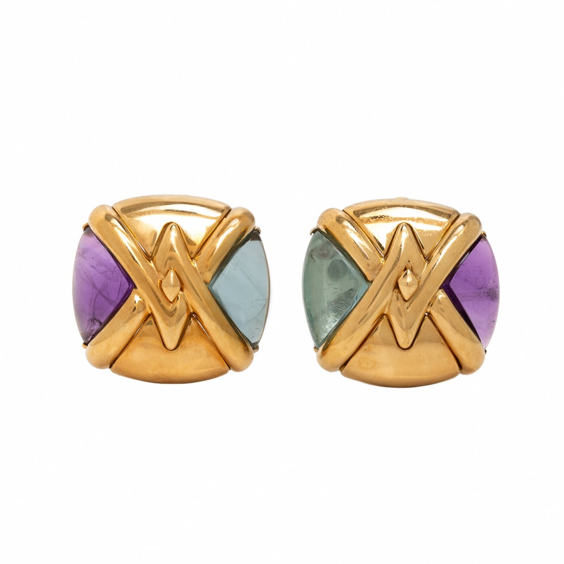 Bulgari, Amethyst, Aquamarine, and Yellow Gold Earrings: Bulgari, Amethyst, Aquamarine, and Yellow Gold Earrings In a geometric design, featuring triangular cabochon amethyst and aquamarine. Mounted in 18 karat yellow gold. 3/4 inch. Stamp: BVLGARI 750 1990