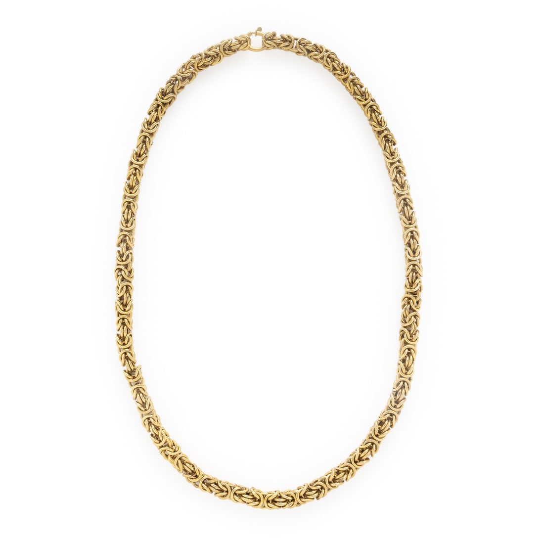 Yellow Gold Byzantine Chain Necklace: Yellow Gold Byzantine Chain Necklace Byzantine links measuring approximately 7 mm wide. 18 karat yellow gold. 32 5/8 inches long. Stamp: (Portuguese hallmarks). Gross weight: 108.85 dwt.