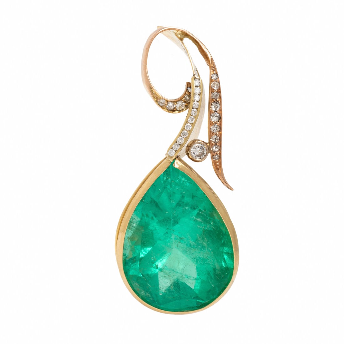 Colombian Emerald, Diamond, and Bicolor Gold Pendant: Colombian Emerald, Diamond, and Bicolor Gold Pendant Featuring a pear shape Colombian emerald weighing approximately 41.79 carats, accented by round brilliant, old European, and single cut diamonds. M