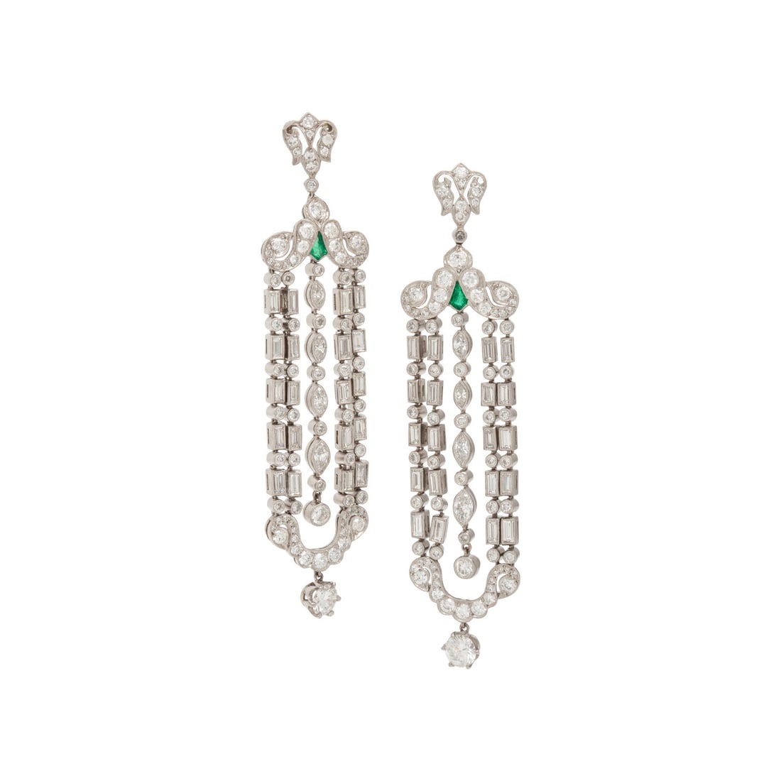 Diamond and Platinum Chandelier Earrings: Diamond and Platinum Chandelier Earrings In a fluid chandelier design, set with old European, transitional, baguette, and marquise cut diamonds weighing approximately 9.00 - 10.00 carats total, and ki