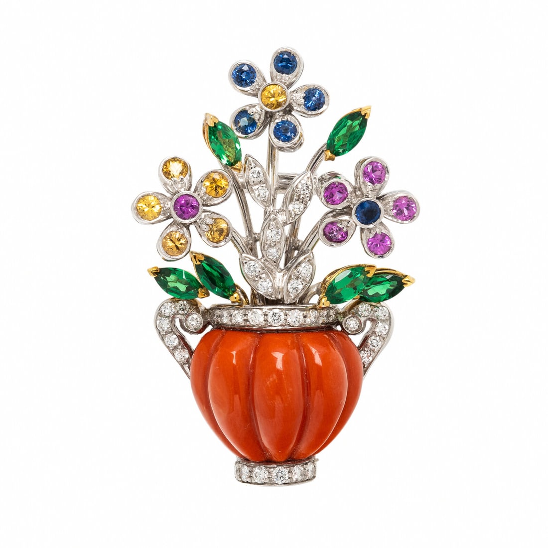 Multigem and White Gold Giardinetto Brooch: Multigem and White Gold Giardinetto Brooch Designed as a carved coral pot with articulated flowers, set with round brilliant cut diamonds weighing approximately 1.15 carats total, marquise cut tsavori