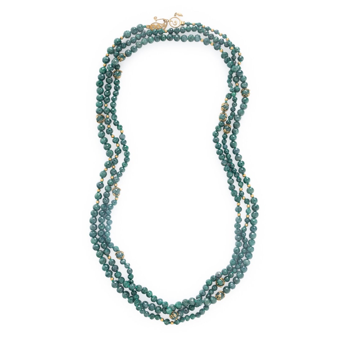 Coomi, Emerald, Diamond, and High Karat Yellow Gold Necklace: Coomi, Emerald, Diamond, and High Karat Yellow Gold Necklace Featuring faceted emerald beads measuring approximately 4.80 - 8.50 mm and yellow gold beads, with decorative mountings and clasp set with 