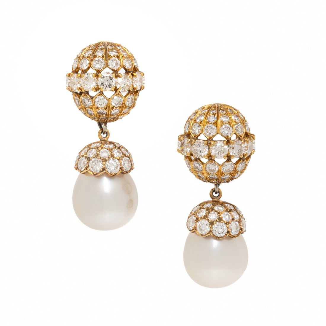 Cultured Pearl, Diamond, and Yellow Gold Earrings: Cultured Pearl, Diamond, and Yellow Gold Earrings In an openwork bombé design, set with round brilliant and single cut diamonds weighing approximately 3.50 carats total, suspending drops of cultu