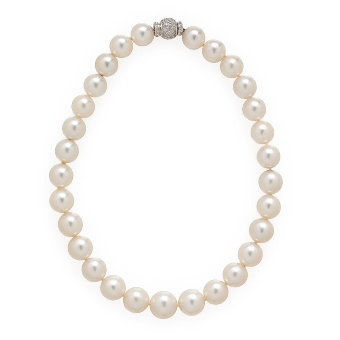 Cultured Pearl, Diamond, and White Gold Necklace: Cultured Pearl, Diamond, and White Gold Necklace A single strand of cultured pearls measuring approximately 12.80 - 15.25 mm, finished with a screw clasp pavé-set with round brilliant cut diamond