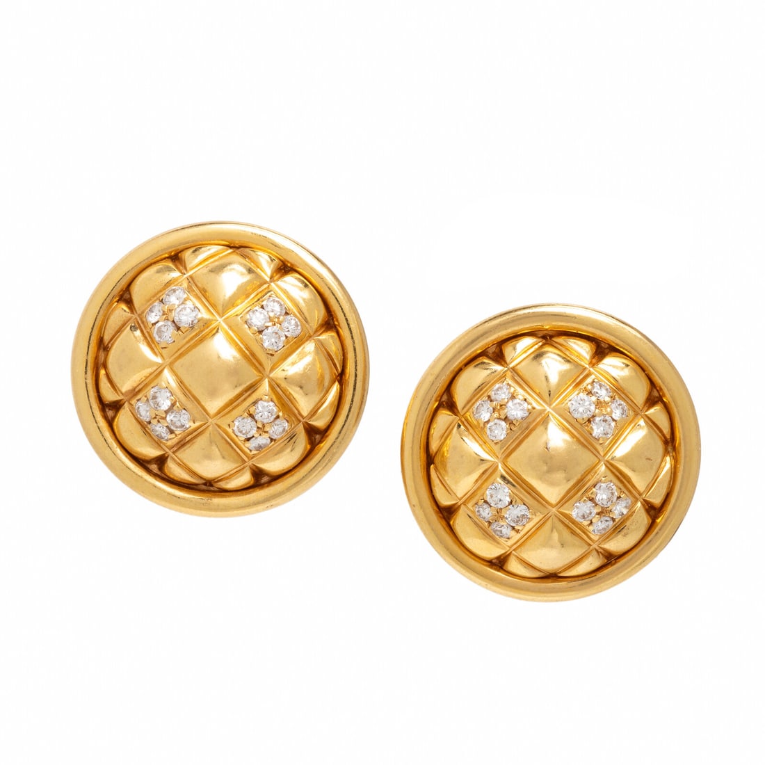Chaumet, Diamond and Yellow Gold Earrings: Chaumet, Diamond and Yellow Gold Earrings In a quilted design, set with round brilliant cut diamonds weighing approximately 0.60 carat total. Mounted in 18 karat yellow gold. 1 inch long. Stamp: CHAUM