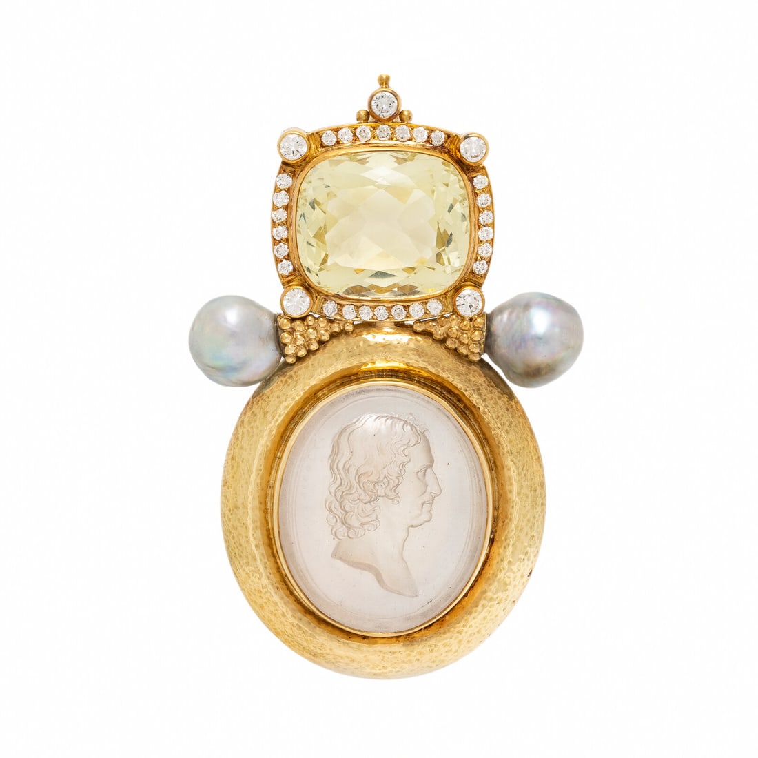 Elizabeth Gage, Multigem and Yellow Gold Pendant Brooch with Cameo of Nicolas Poussin: Elizabeth Gage, Multigem and Yellow Gold Pendant Brooch with Cameo of Nicolas Poussin Featuring a mother-of-pearl cameo depicting Nicolas Poussin measuring approximately 28.75 x 24.30 mm, topped with 