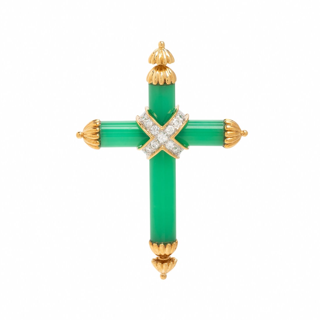 Tiffany & Co., Chalcedony, Diamond, and Yellow Gold Cross Pendant: Tiffany & Co., Chalcedony, Diamond, and Yellow Gold Cross Pendant Designed as a cross, set with carved green chalcedony and round brilliant cut diamonds weighing approximately 1.15 carats total. Mount