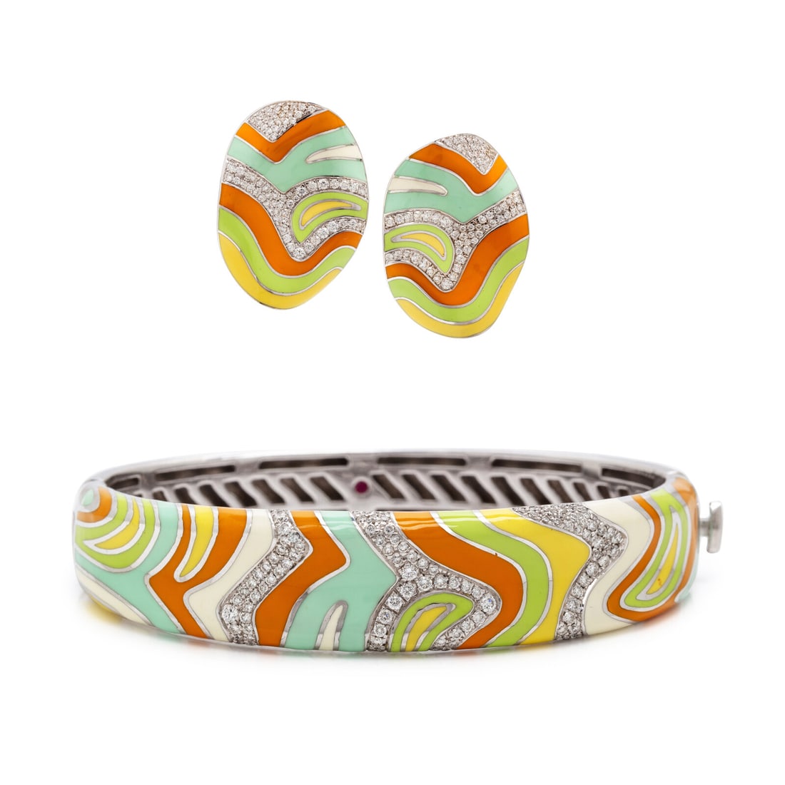 Roberto Coin, Enamel, Diamond, and White Gold Bangle Bracelet and Earrings (1 of 5)