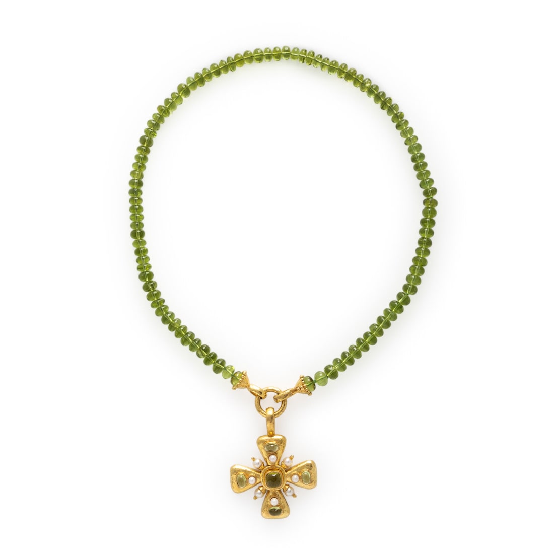 Elizabeth Locke, Peridot, Cultured Pearl, and Yellow Gold Maltese Cross Pendant Necklace: Elizabeth Locke, Peridot, Cultured Pearl, and Yellow Gold Maltese Cross Pendant Necklace Featuring a pendant designed as a Maltese cross set with cushion and oval cabochon cut peridot and cultured pea