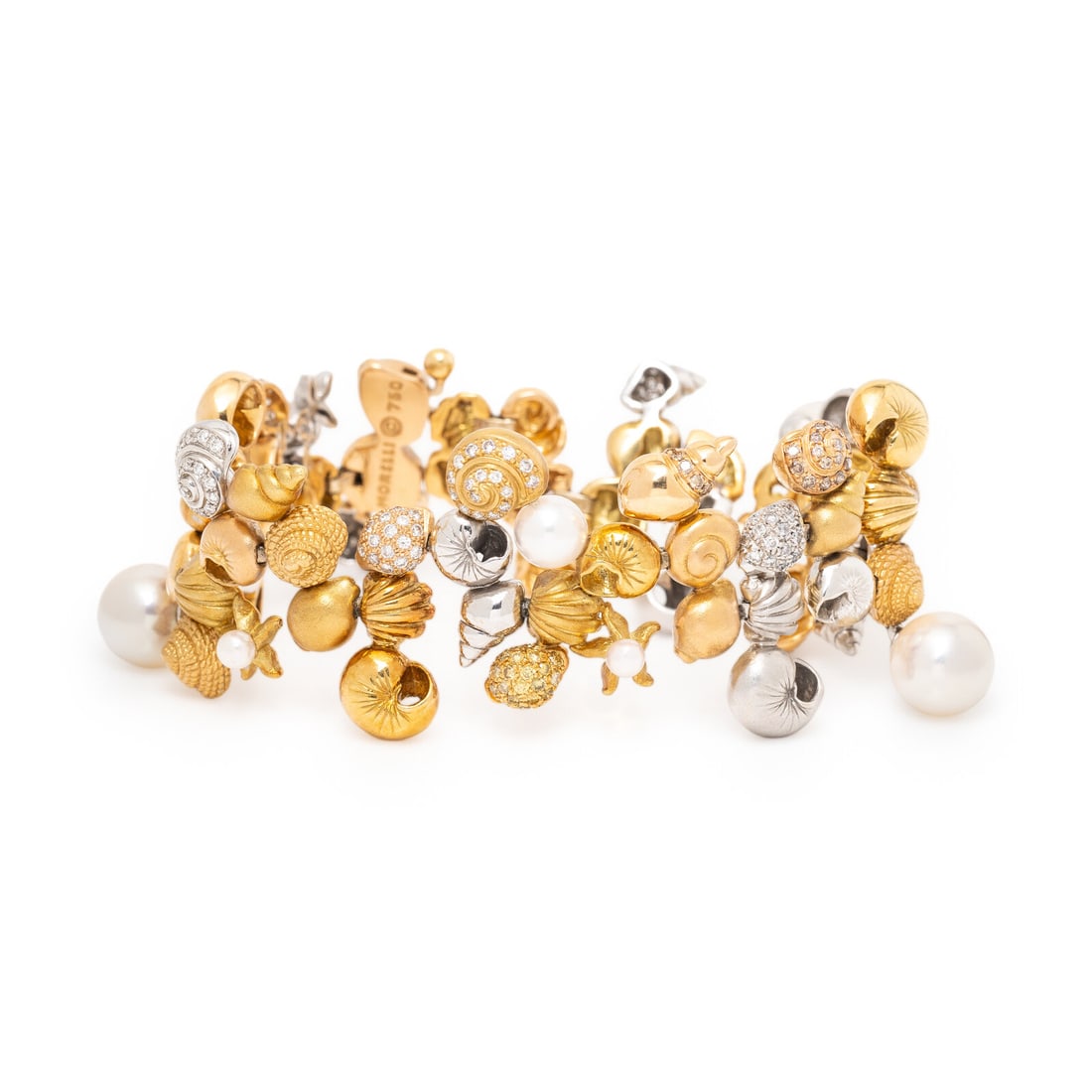 Paul Morelli, Tricolor Gold, Diamond, and Cultured Pearl Shell Motif Bracelet (1 of 3)