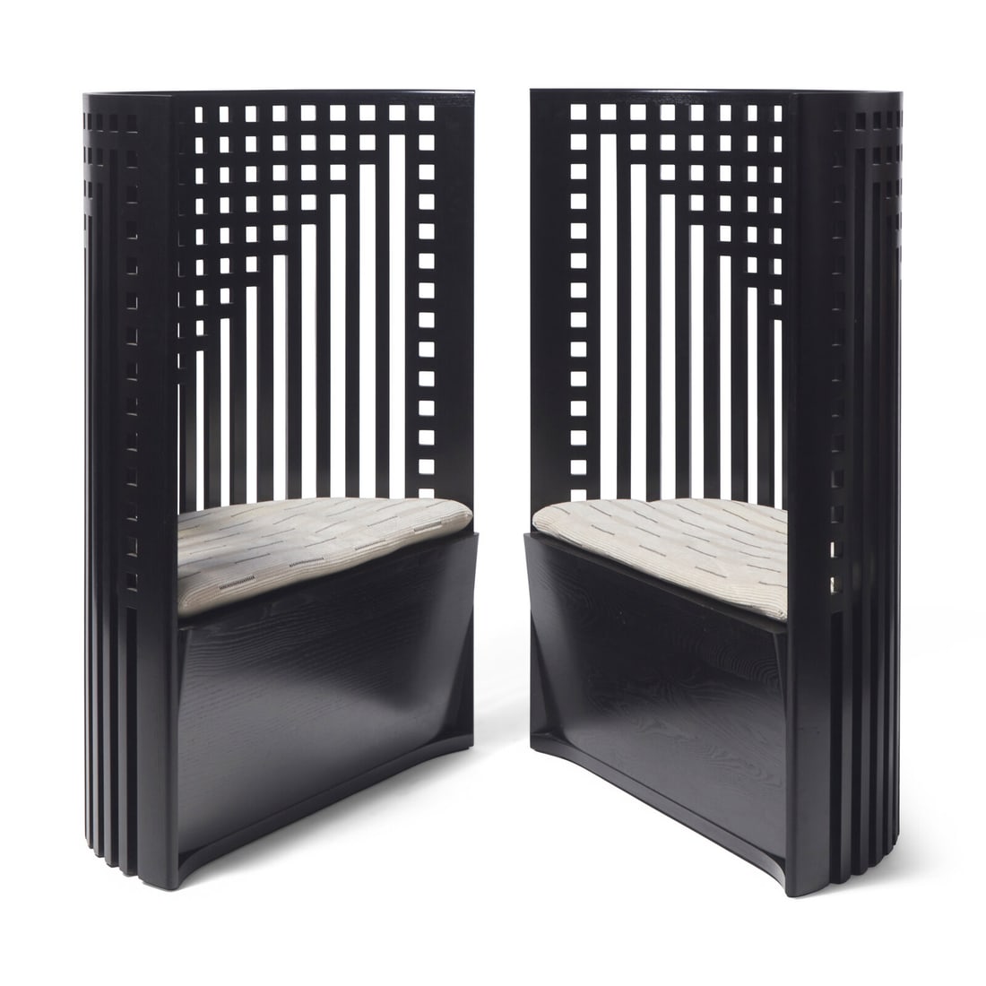 Charles Rennie Mackintosh (Scottish, 1868–1928) A pair of Willow Chairs for Cassina: Charles Rennie Mackintosh (Scottish, 1868–1928) A pair of Willow Chairs for Cassina painted wood, upholstery, foam with 'Cassina' stamp to underside and '2977' 47 h x 37 w x 17 d inches. The Est
