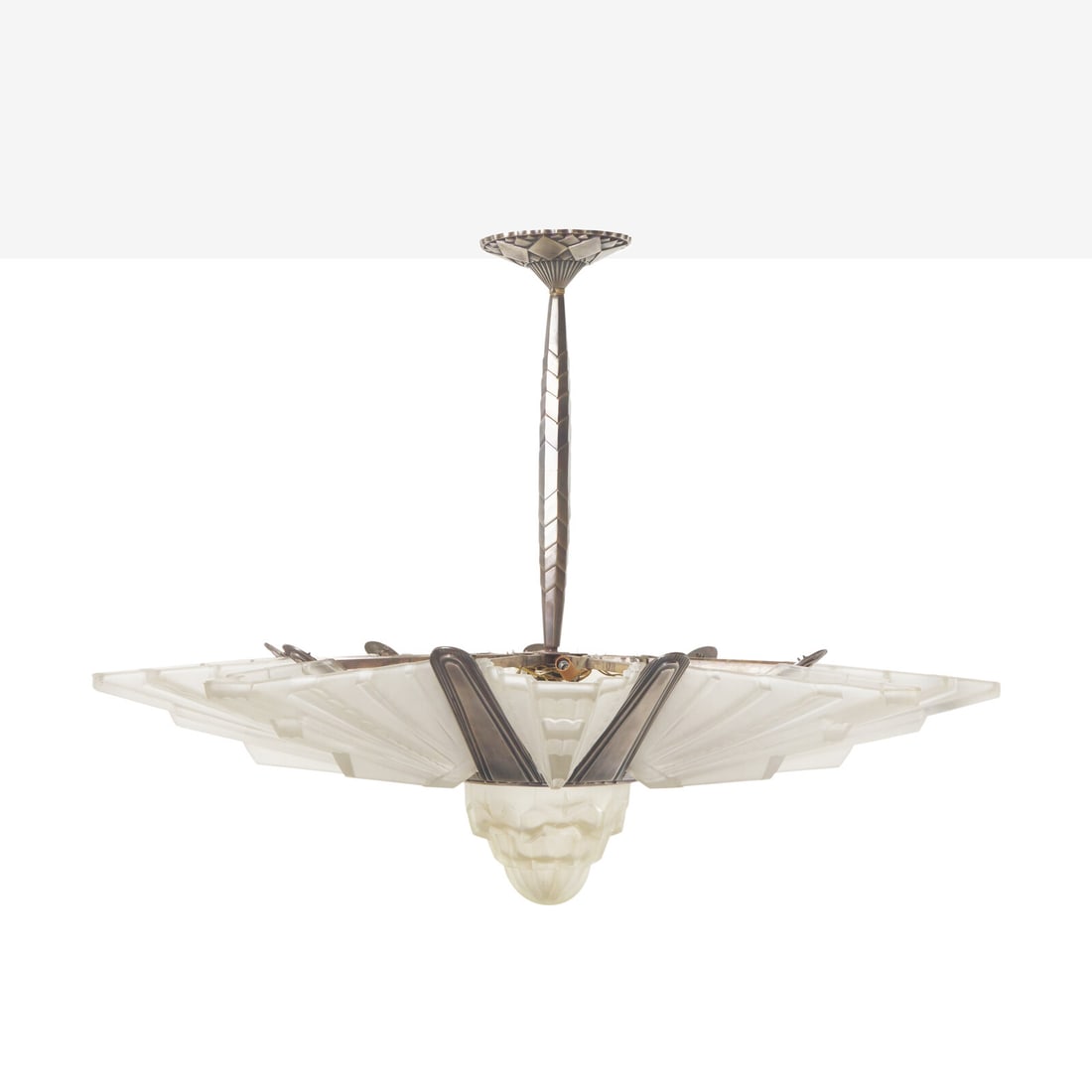 French Art Deco 20th Century Frosted Glass Chandelier: French Art Deco 20th Century Frosted Glass Chandelier 40 1/2 h x 48 dia inches. The Estate of the Honorable Sandra Schultz Newman This lot is located in Philadelphia.