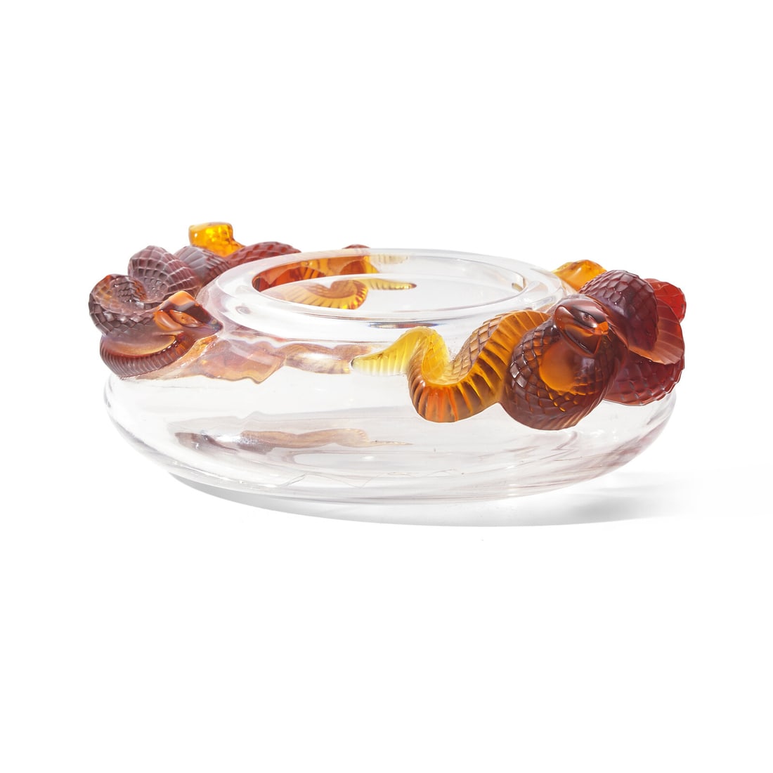 René Lalique (French, 1860–1945) Serpent bowl: René Lalique (French, 1860–1945) Serpent bowl with etched signature to underside 3 h x 9 1/8 dia inches. The Estate of the Honorable Sandra Schultz Newman This lot is located in Philadelphi