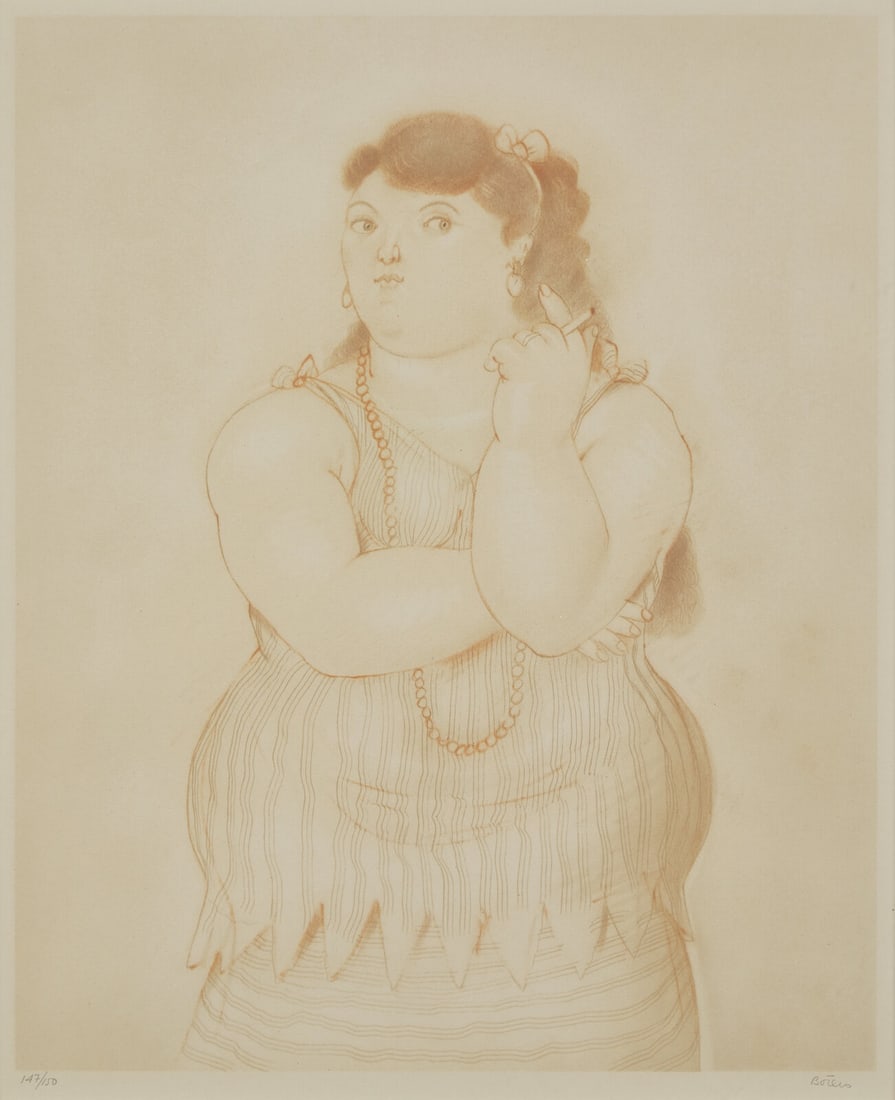 Fernando Botero (Colombian, 1932-2022) Mujer fumando (from Botero: Dessins et Aquarelles), 1984: Fernando Botero (Colombian, 1932-2022) Mujer fumando (from Botero: Dessins et Aquarelles), 1984 lithograph in colors signed and numbered 147/150 in pencil 16 x 13 inches. The Estate of the Honorable S