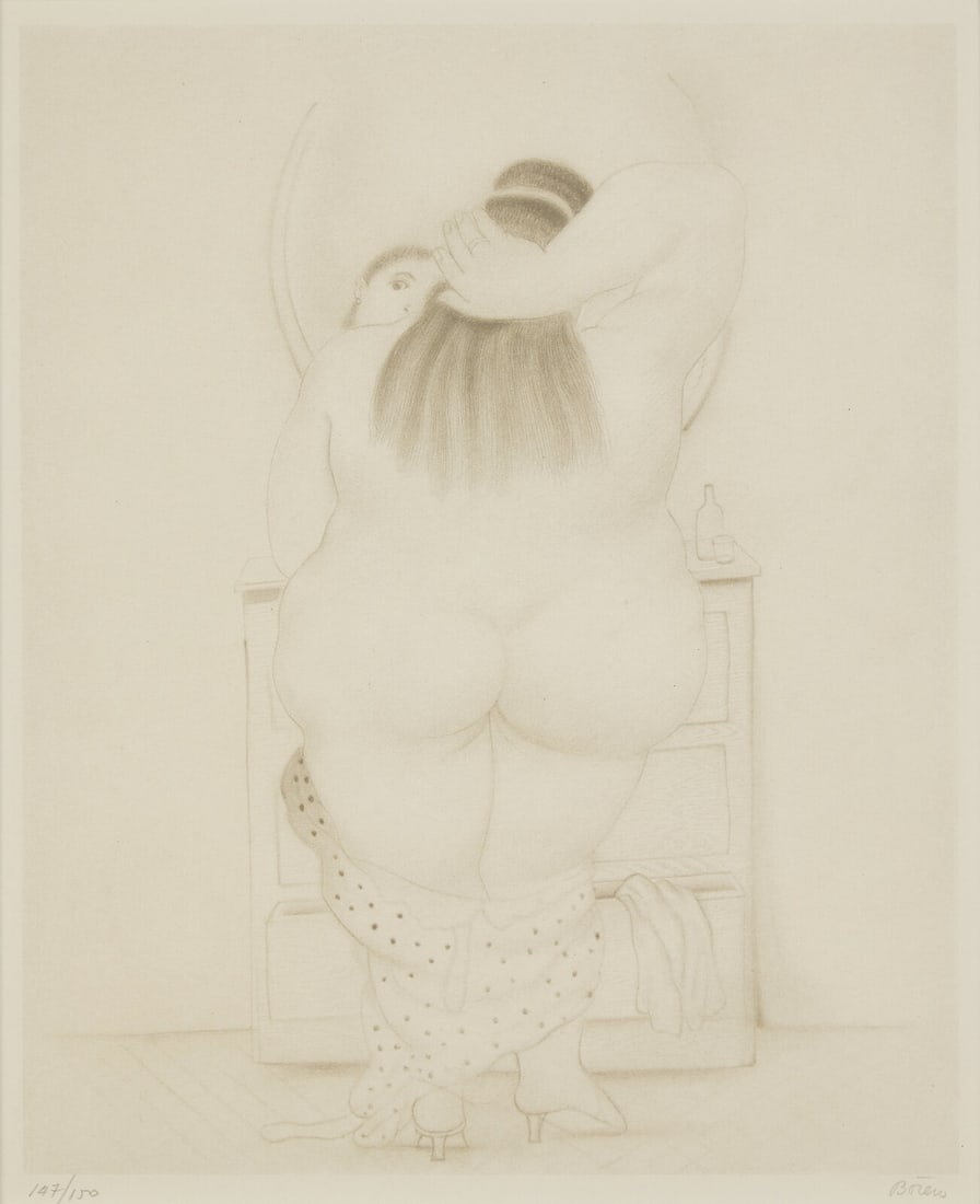 Fernando Botero (Colombian, 1932-2022) Mujer ante el espejo (from Botero: Dessins et Aquarelles),: Fernando Botero (Colombian, 1932-2022) Mujer ante el espejo (from Botero: Dessins et Aquarelles), 1984 offset lithograph signed and numbered 147/150 in pencil 16 x 13 inches. The Estate of the Honorab