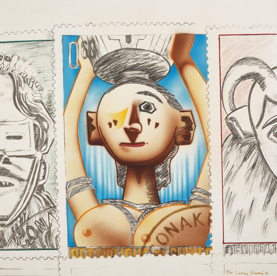 Larry Rivers (American, 1923-2002) Patriotic Stamps, 1976: Larry Rivers (American, 1923-2002) Patriotic Stamps, 1976 lithograph and pochoir in colors with graphite additions on wove paper signed, dated, and numbered 3/30 in pencil Sheet: 30 1/4 x 30 3/8 inche