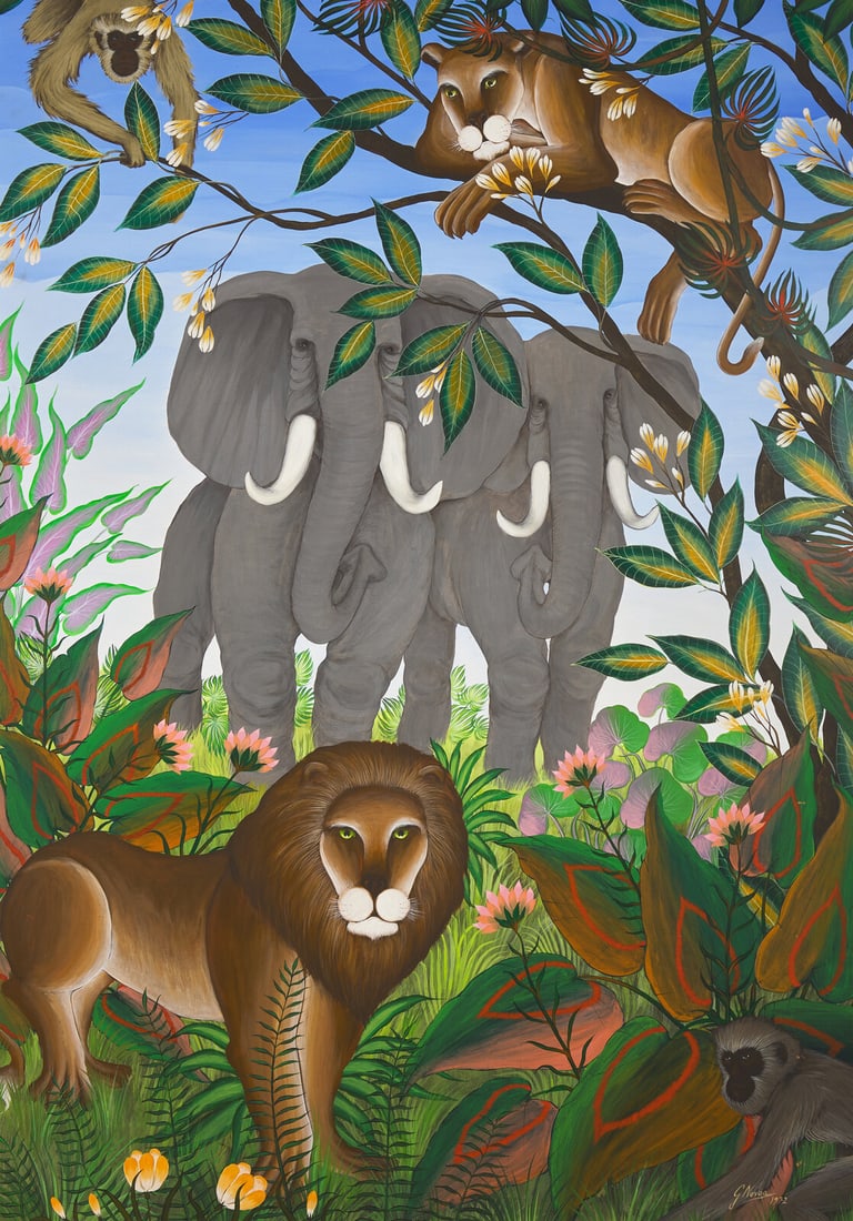Gustavo Novoa (Chilean, b. 1941) Jungle Creatures, 1972: Gustavo Novoa (Chilean, b. 1941) Jungle Creatures, 1972 oil on board signed G Novoa and dated (lower right) 65 x 46 1/2 inches. The Estate of the Honorable Sandra Schultz Newman This lot is located in