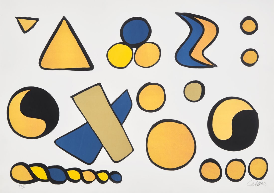 Alexander Calder (American, 1898-1976) Composition aux formes Geometriques, 1965: Alexander Calder (American, 1898-1976) Composition aux formes Geometriques, 1965 lithograph in colors signed and numbered 59/90 in pencil 21 x 29 1/2 inches. The Estate of the Honorable Sandra Schultz